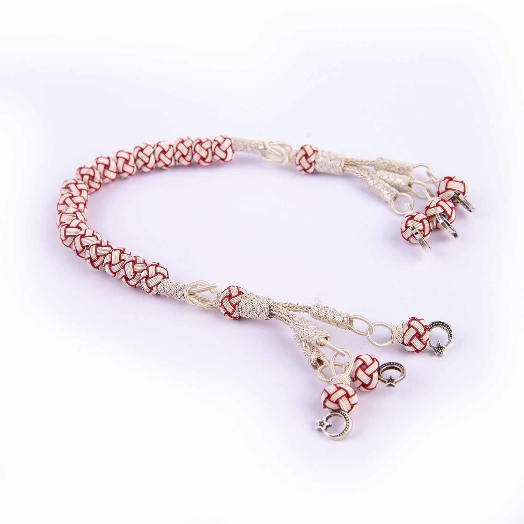 1000 Sterling Silver Kazaz Knitted Red White Fan Zaza Tasbih - EFENDINA PAZAR - Ve Tesbih - vealisveris - Z2549