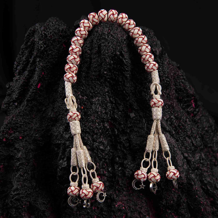 1000 Sterling Silver Kazaz Knitted Red White Fan Zaza Tasbih - EFENDINA PAZAR - Ve Tesbih - vealisveris - Z2549