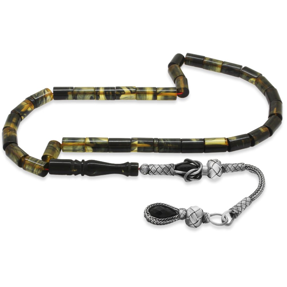 1000 Sterling Silver Kazaz Tassel Black - White Amber Rosary - EFENDINA PAZAR - Tesbihane - 101004595