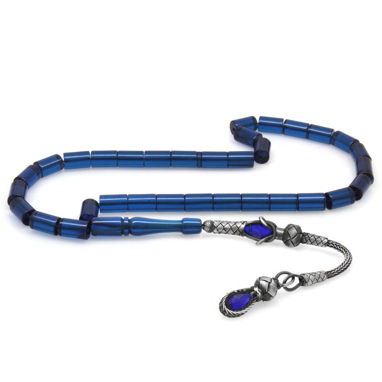 1000 Sterling Silver Kazaz Tassel Cut Blue Fire Amber Rosary - EFENDINA PAZAR - Tesbihane - 101004010