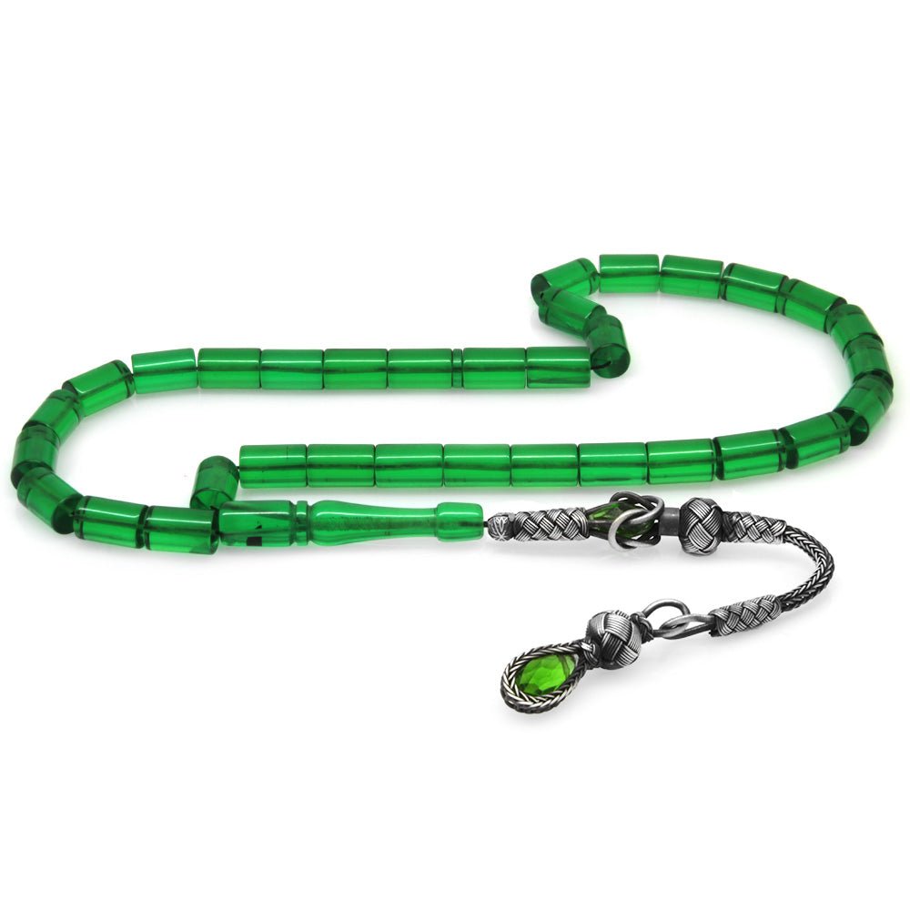 1000 Sterling Silver Kazaz Tassel Cut Cut Green Fire Amber Rosary - EFENDINA PAZAR - Tesbihane - 101004016