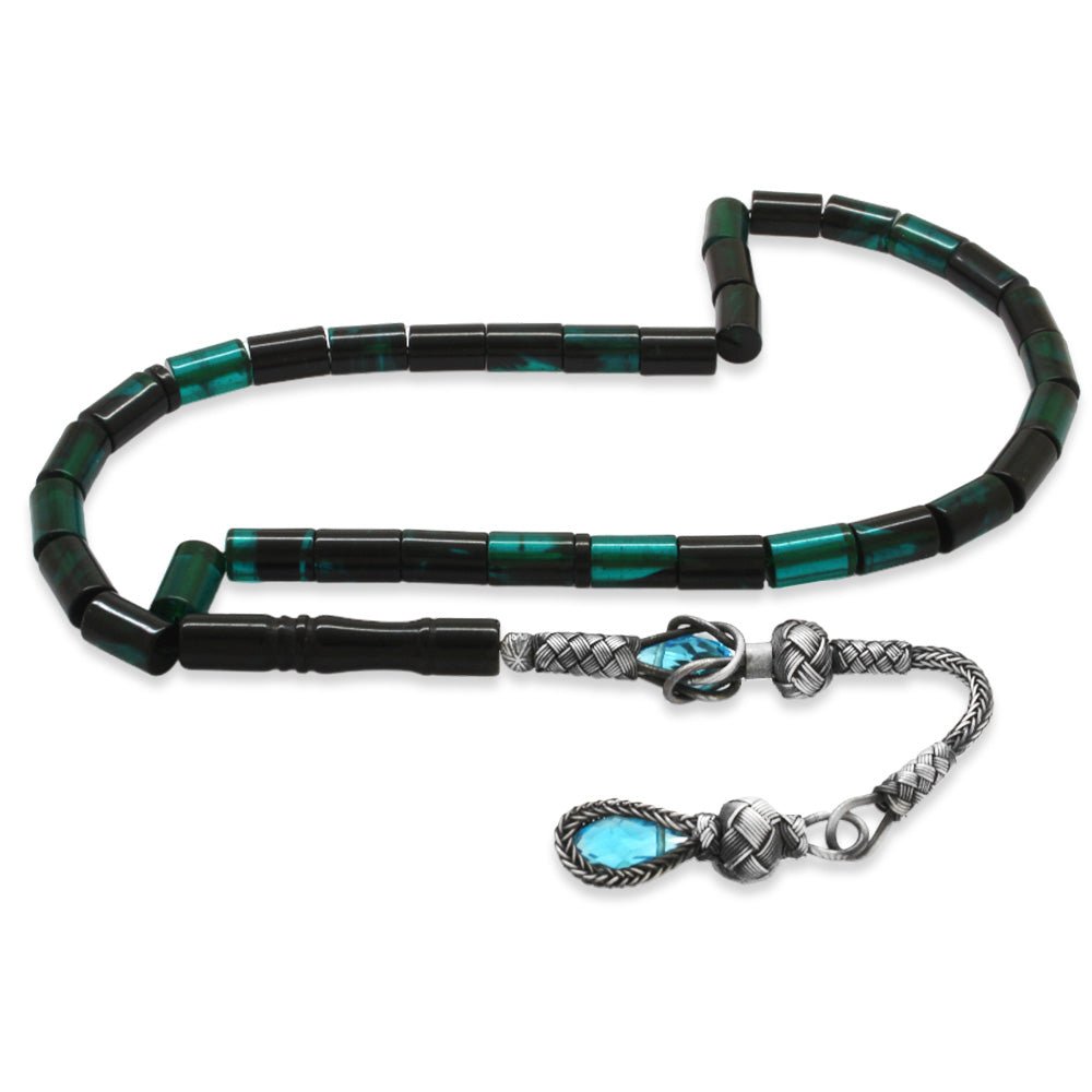 1000 Sterling Silver Kazaz Tassel Cut - Cut Petrol Green - Black Fire Amber Rosary - EFENDINA PAZAR - Tesbihane - 101004607