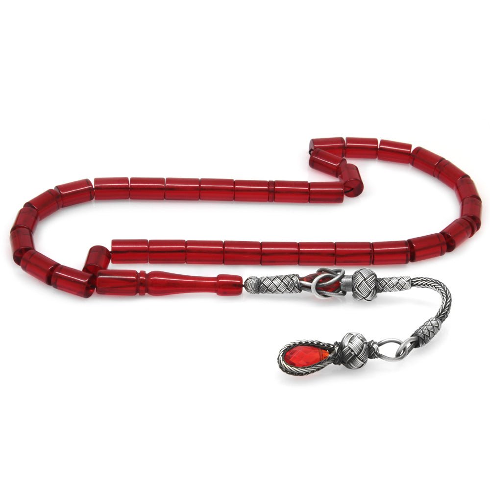1000 Sterling Silver Kazaz Tassel Cut Flag Red Fire Amber Rosary - EFENDINA PAZAR - Tesbihane - 101004007