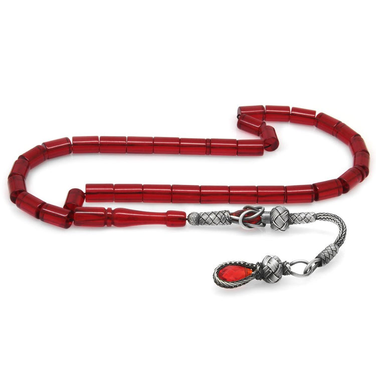 1000 Sterling Silver Kazaz Tassel Cut Flag Red Fire Amber Rosary - EFENDINA PAZAR - Tesbihane - 101004007