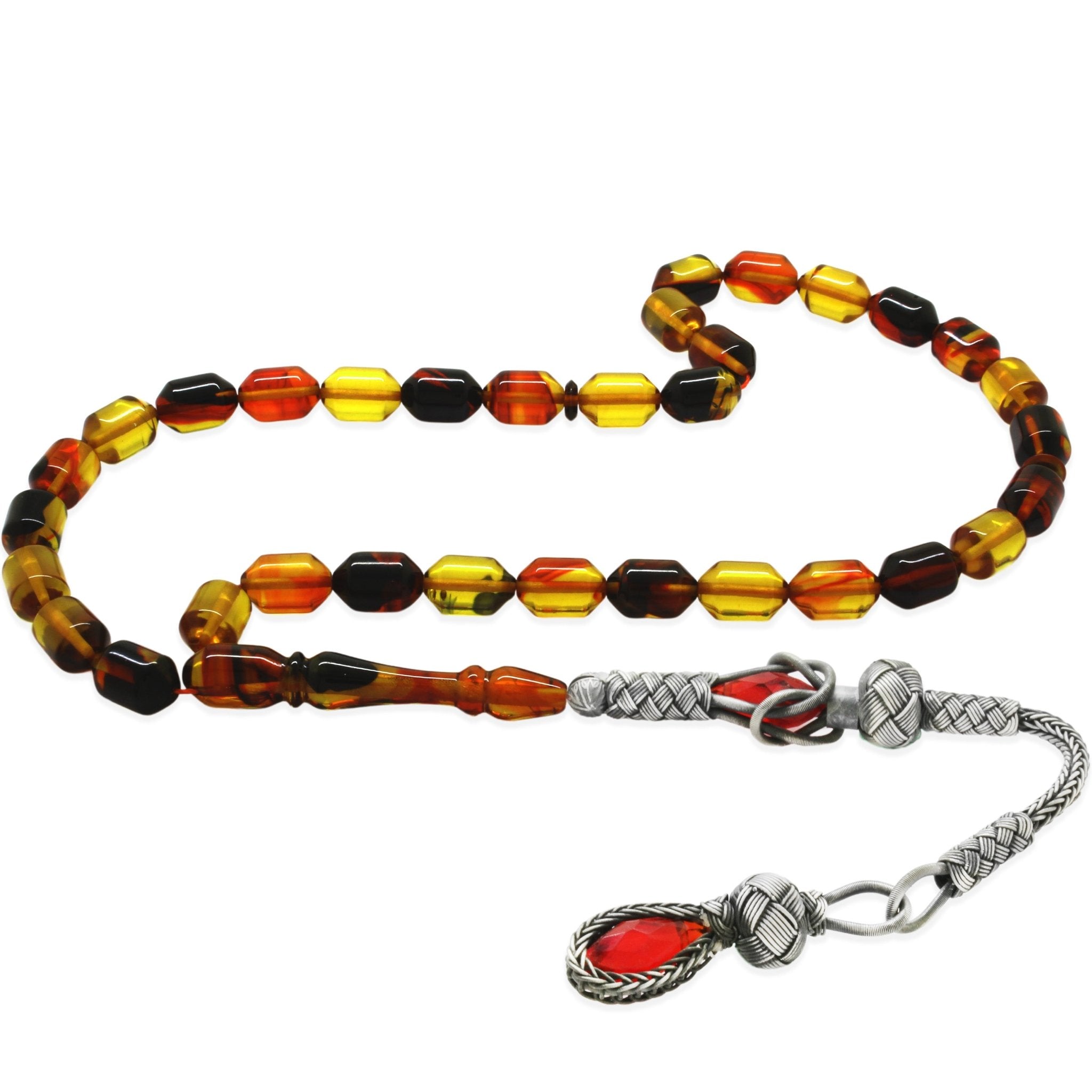 1000 Sterling Silver Kazaz Tassel Ended Capsule Cut Bala - Black Fire Amber Rosary - EFENDINA PAZAR - Tesbihane - 101004653