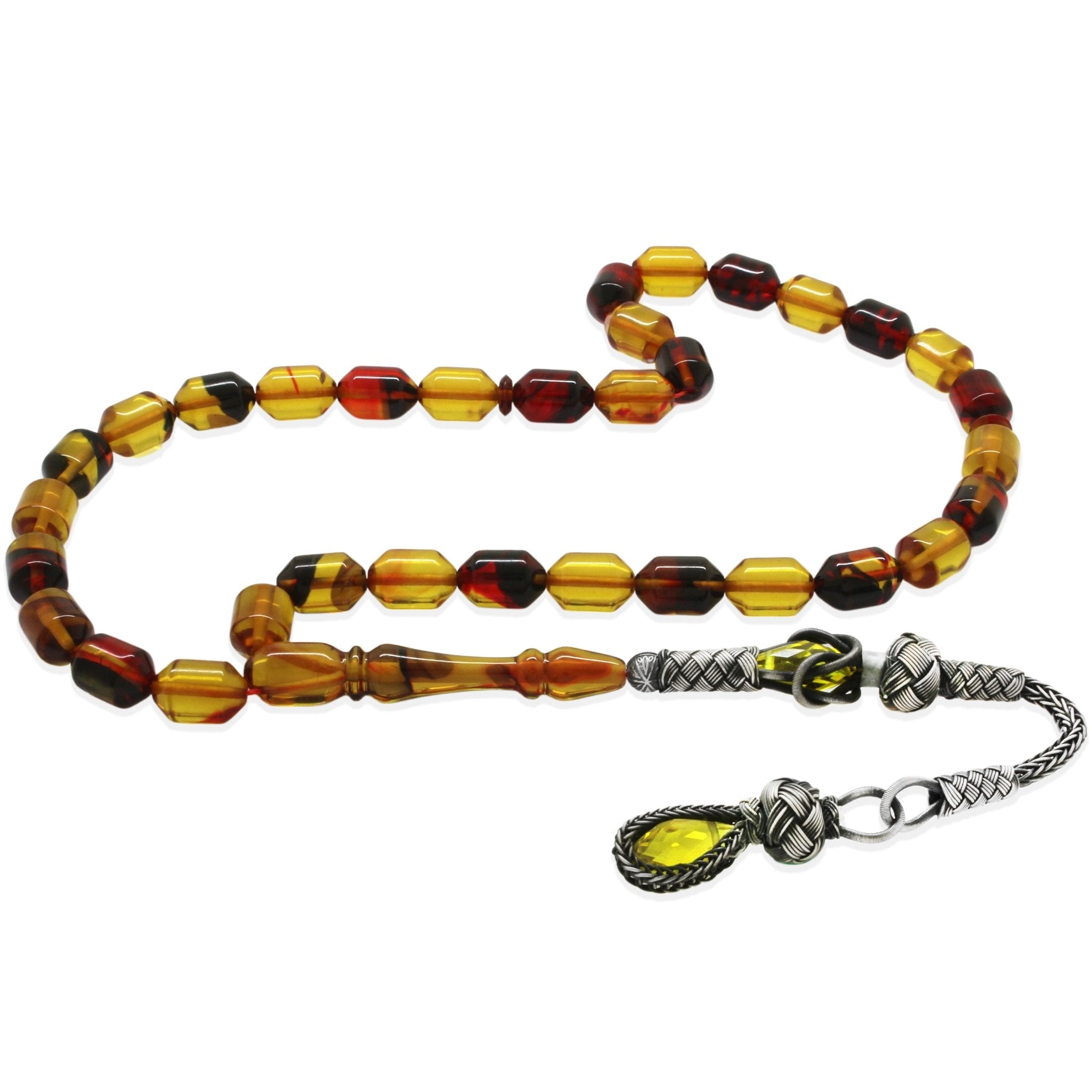1000 Sterling Silver Kazaz Tassel Ended Capsule Cut Transparent Bala - Black Fire Amber Rosary - EFENDINA PAZAR - Tesbihane - 101004651