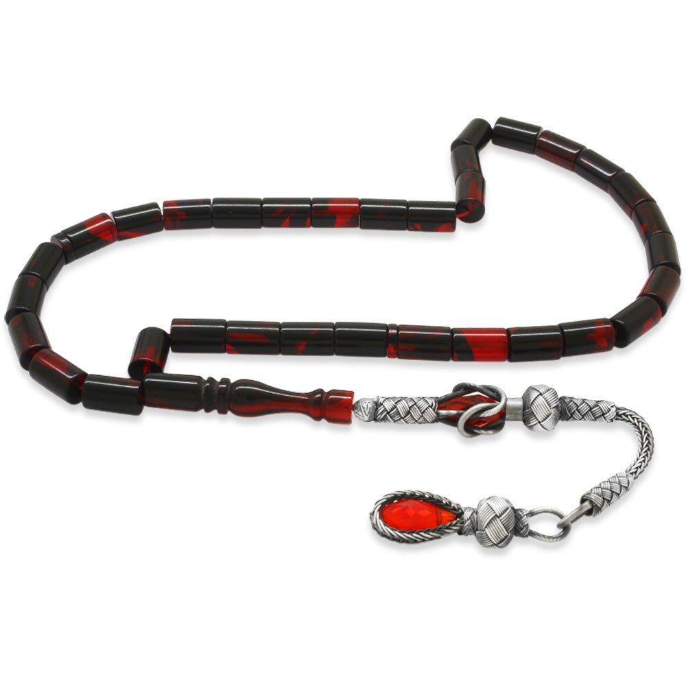 1000 Sterling Silver Kazaz Tassel Red - Black Amber Rosary - EFENDINA PAZAR - Tesbihane - 101004598