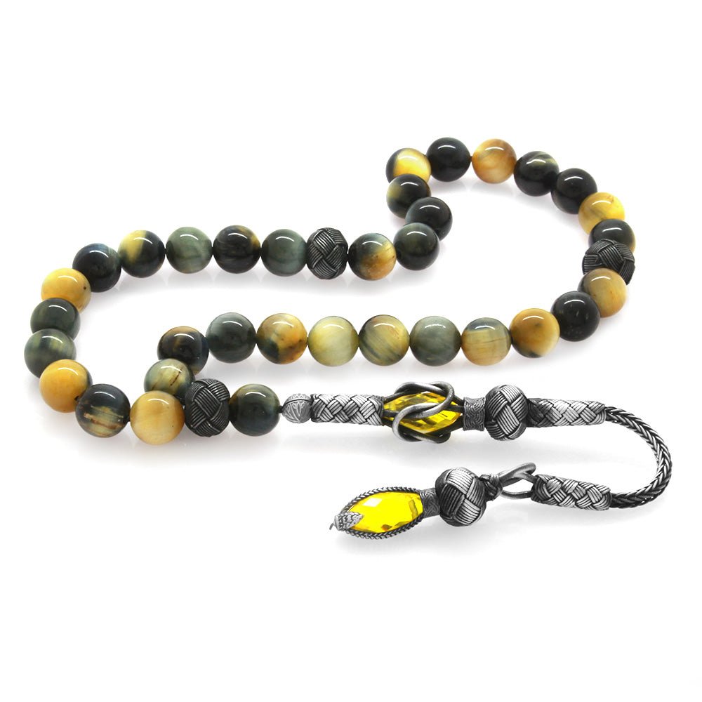 1000 Sterling Silver Kazaz Tassel Sphere Cut Mixed Color Tiger Eye Natural Stone Prayer Beads - EFENDINA PAZAR - Tesbihane - 101001931
