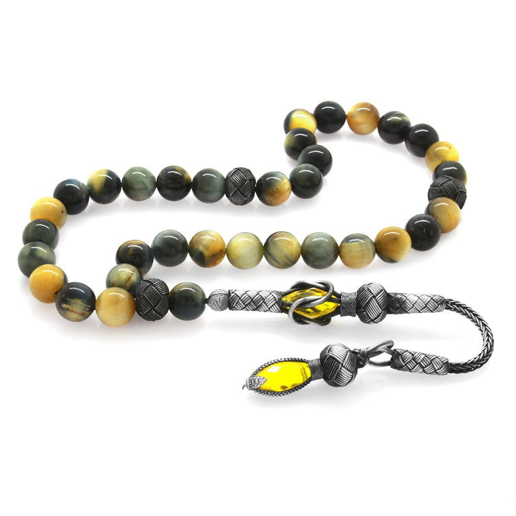 1000 Sterling Silver Kazaz Tassel Sphere Cut Mixed Color Tiger Eye Natural Stone Prayer Beads - EFENDINA PAZAR - Tesbihane - 101001931
