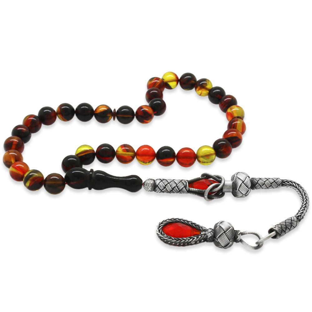 1000 Sterling Silver Kazaz Tasseled Bala - Black Amber Rosary - EFENDINA PAZAR - Tesbihane - 101004586