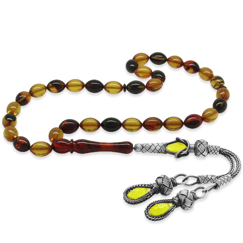 1000 Sterling Silver Kazaz Tasseled Barley Cut Bala - Black Fire Amber Rosary - EFENDINA PAZAR - Tesbihane - 101004844