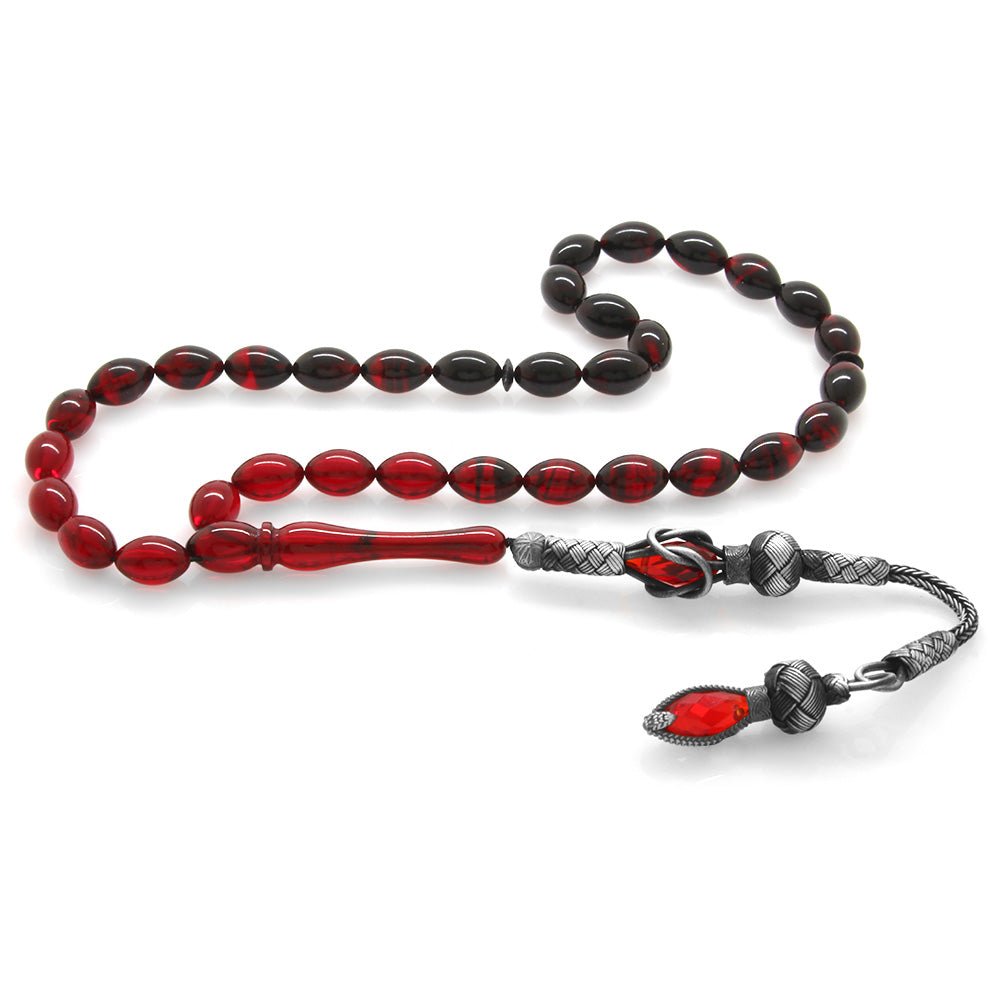 1000 Sterling Silver Kazaz Tasseled Barley Cut Filtered Red - Black Fire Amber Rosary - EFENDINA PAZAR - Tesbihane - 101002117