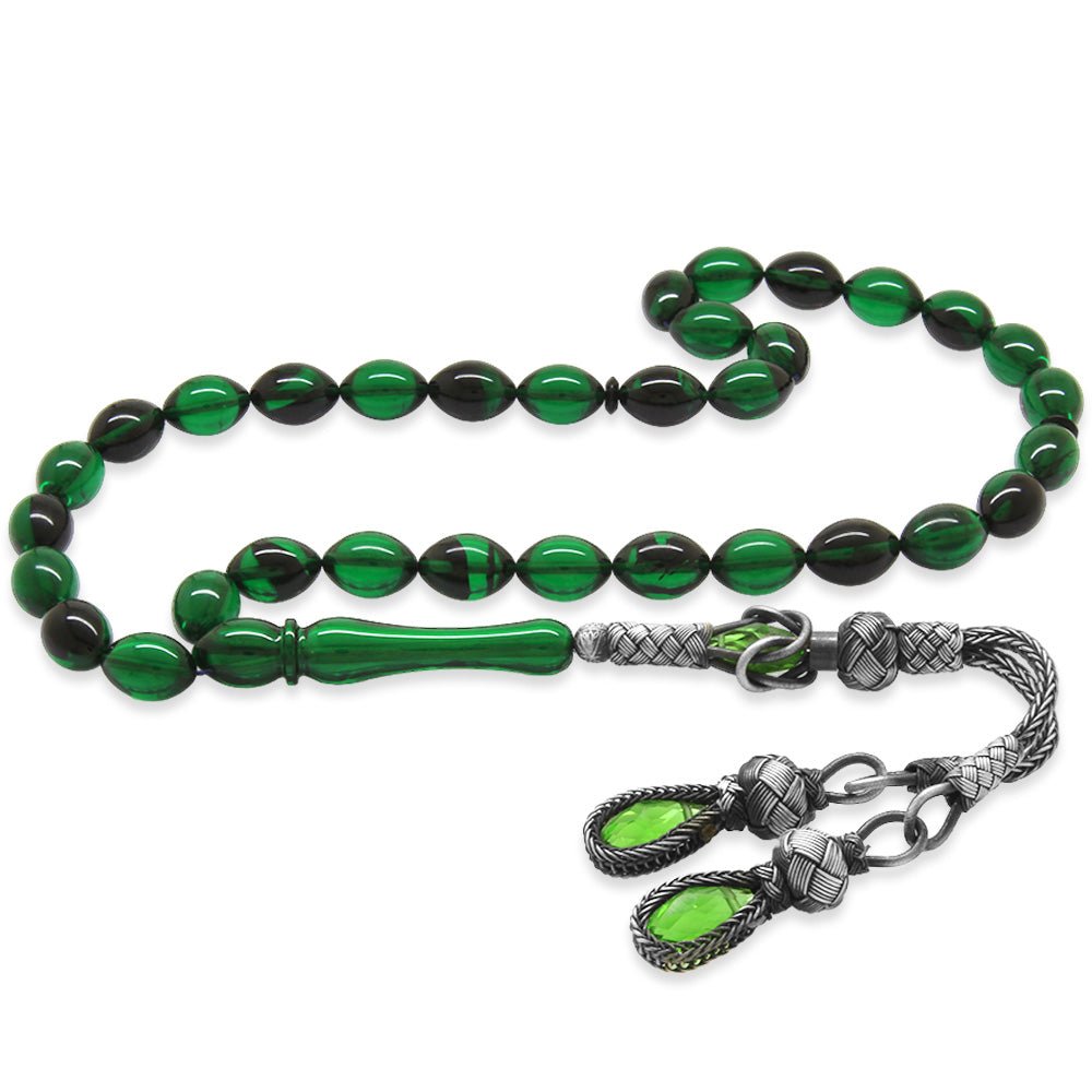 1000 Sterling Silver Kazaz Tasseled Barley Cut Green - Black Fire Amber Rosary - EFENDINA PAZAR - Tesbihane - 101004845