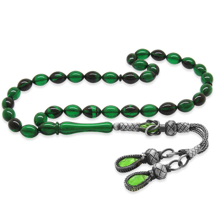 1000 Sterling Silver Kazaz Tasseled Barley Cut Green - Black Fire Amber Rosary - EFENDINA PAZAR - Tesbihane - 101004845