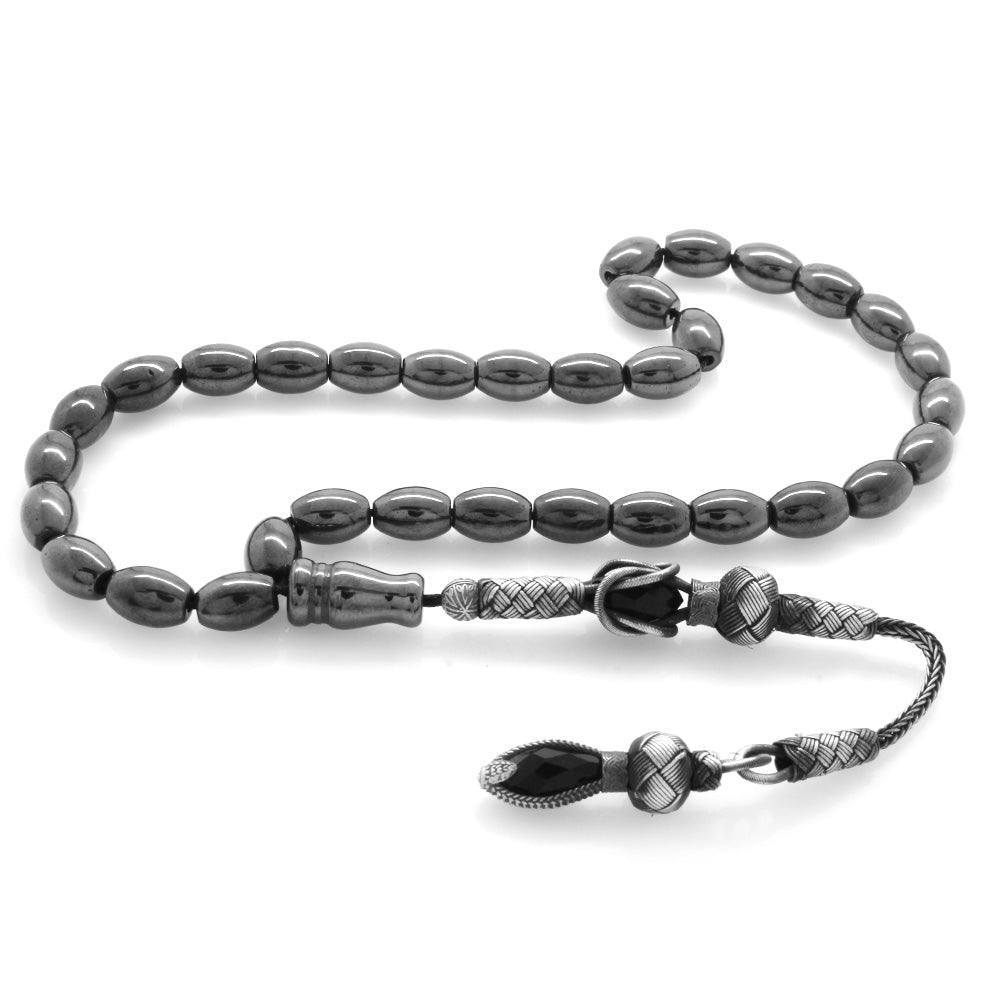 1000 Sterling Silver Kazaz Tasseled Barley Cut Hematite Natural Stone Prayer Beads - EFENDINA PAZAR - Tesbihane - 101001986