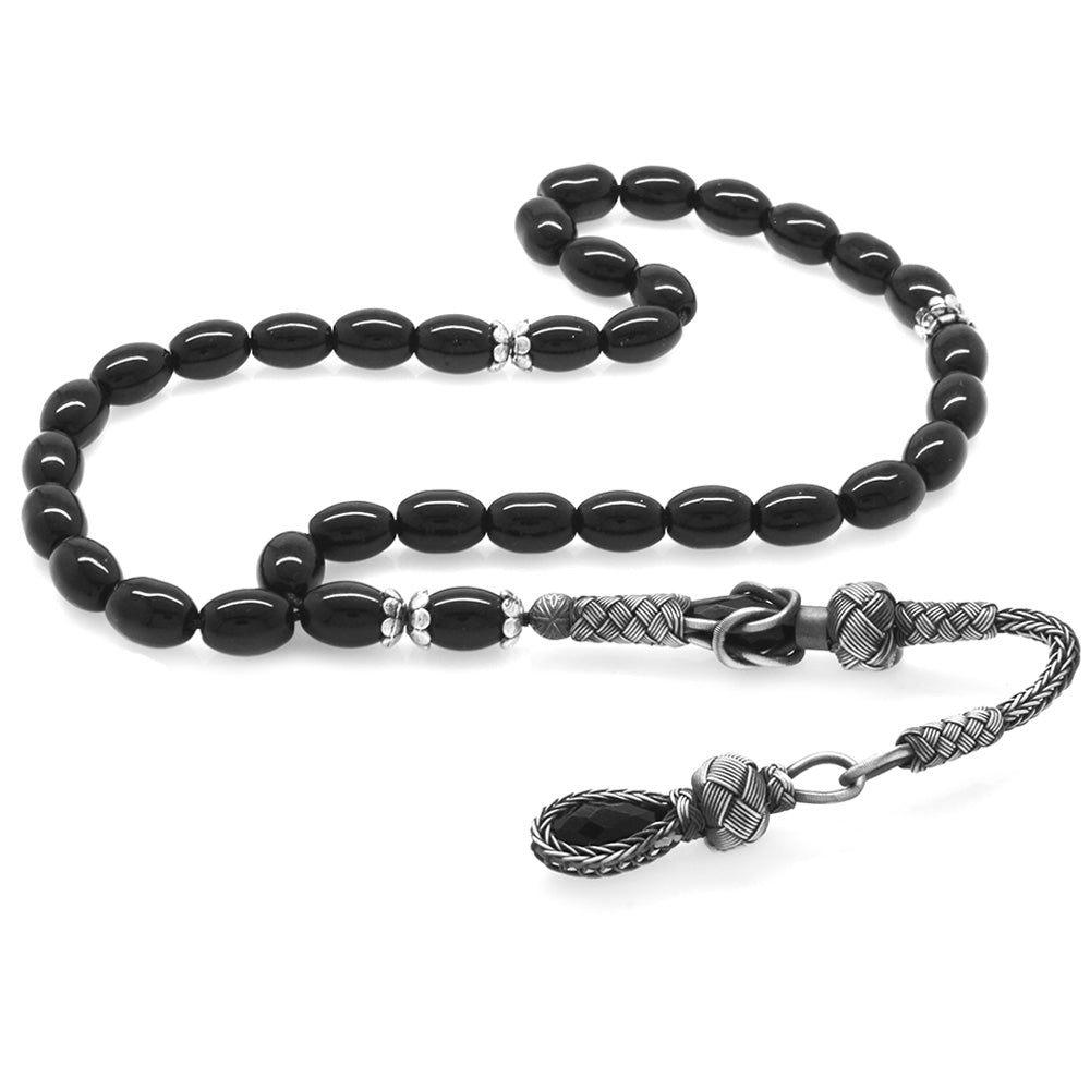 1000 Sterling Silver Kazaz Tasseled Barley Cut Onyx Natural Stone Prayer Beads - EFENDINA PAZAR - Tesbihane - 101004123