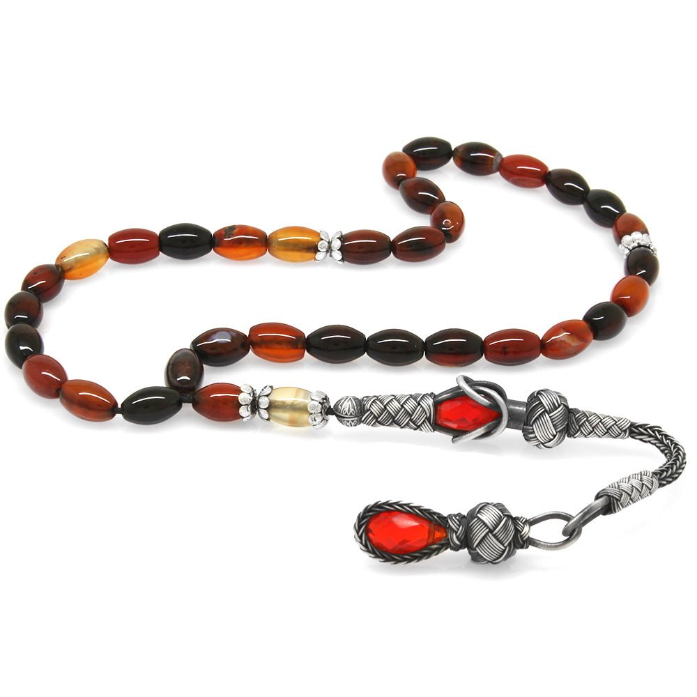 1000 Sterling Silver Kazaz Tasseled Barley Cut Red - Black Agate Natural Stone Prayer Beads - EFENDINA PAZAR - Tesbihane - 101004068