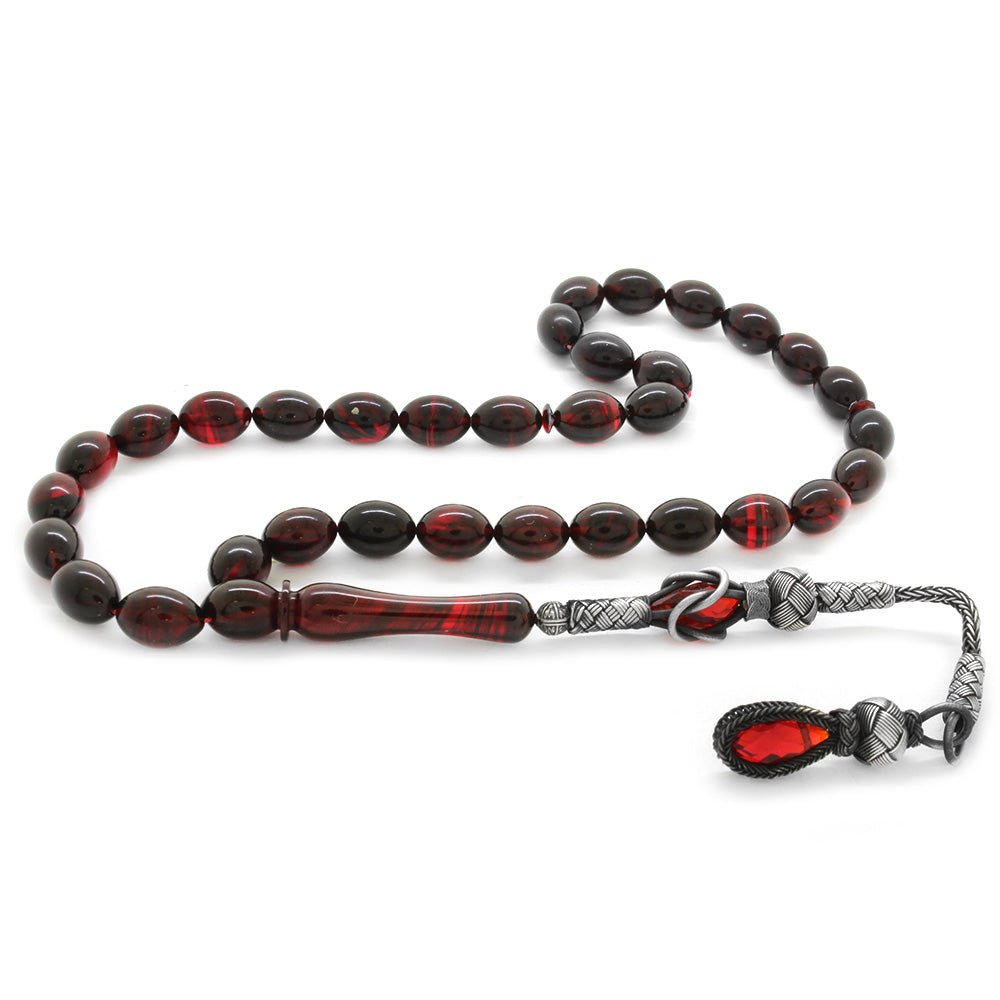 1000 Sterling Silver Kazaz Tasseled Barley Cut Red - Black Fire Amber Rosary - EFENDINA PAZAR - Tesbihane - 101002119