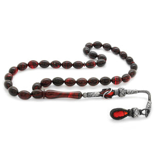 1000 Sterling Silver Kazaz Tasseled Barley Cut Red - Black Fire Amber Rosary - EFENDINA PAZAR - Tesbihane - 101002119