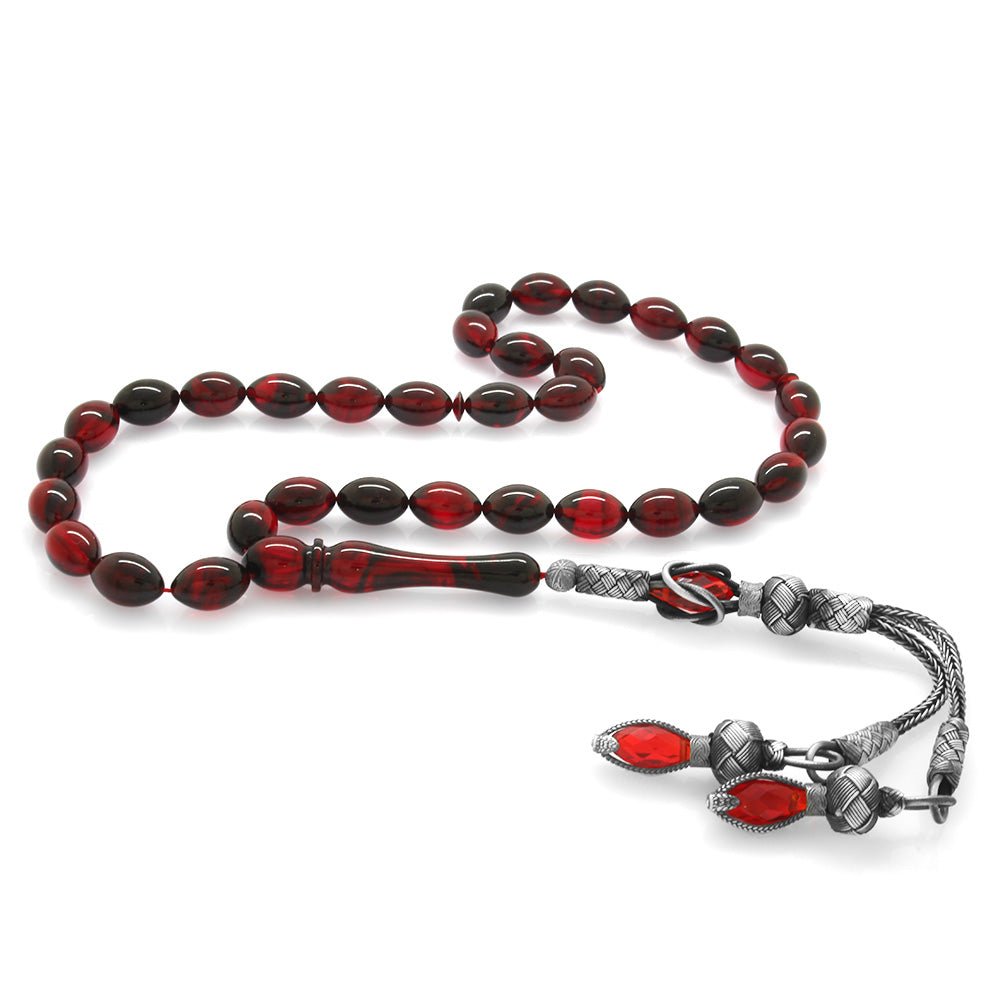 1000 Sterling Silver Kazaz Tasseled Barley Cut Red - Black Fire Amber Rosary - EFENDINA PAZAR - Tesbihane - 101003070