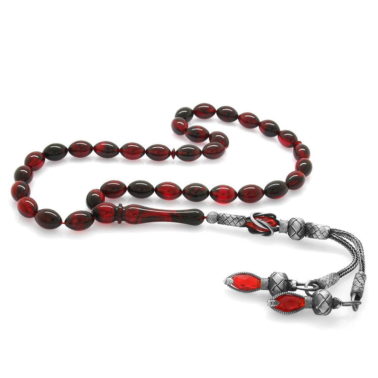 1000 Sterling Silver Kazaz Tasseled Barley Cut Red - Black Fire Amber Rosary - EFENDINA PAZAR - Tesbihane - 101003070