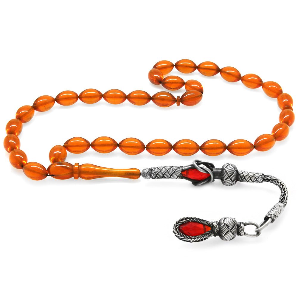 1000 Sterling Silver Kazaz Tasseled Barley Cut Red Fire Amber Rosary - EFENDINA PAZAR - Tesbihane - 101004275