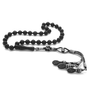 1000 Sterling Silver Kazaz Tasseled Black Crimped Amber Rosary - EFENDINA PAZAR - Tesbihane - 101002360