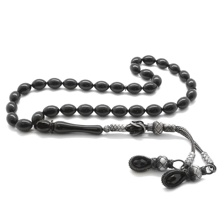 1000 Sterling Silver Kazaz Tasseled Black Prayer Beads - EFENDINA PAZAR - Tesbihane - 101001864
