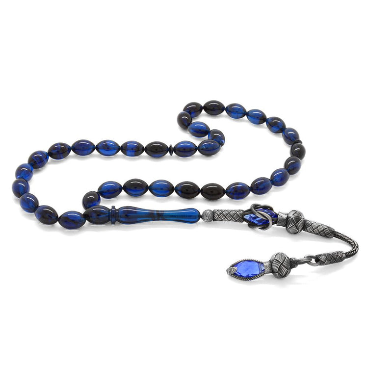 1000 Sterling Silver Kazaz Tasseled Blue - Black Amber Prayer Beads - EFENDINA PAZAR - Tesbihane - 101002821