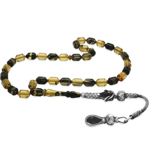 1000 Sterling Silver Kazaz Tasseled End Capsule Cut Black - White Fire Amber Rosary - EFENDINA PAZAR - Tesbihane - 101004647