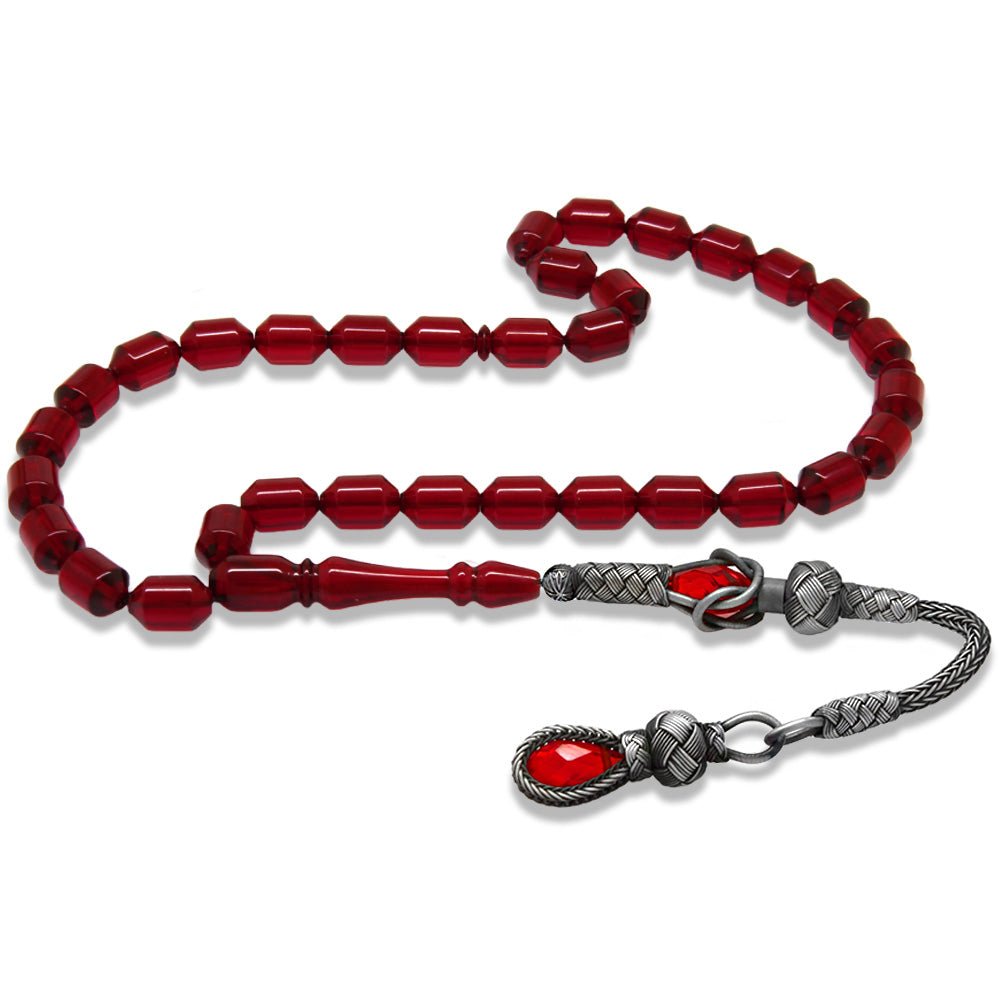 1000 Sterling Silver Kazaz Tasseled End Capsule Cut Dark Red Fire Amber Rosary - EFENDINA PAZAR - Tesbihane - 101004878