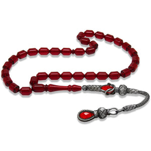 1000 Sterling Silver Kazaz Tasseled End Capsule Cut Dark Red Fire Amber Rosary - EFENDINA PAZAR - Tesbihane - 101004878