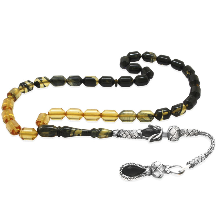1000 Sterling Silver Kazaz Tasseled End Capsule Cut Filtered Black - White Fire Amber Rosary - EFENDINA PAZAR - Tesbihane - 101004649