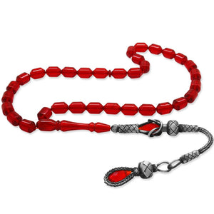 1000 Sterling Silver Kazaz Tasseled End Capsule Cut Flag Red Fire Amber Rosary - EFENDINA PAZAR - Tesbihane - 101004633
