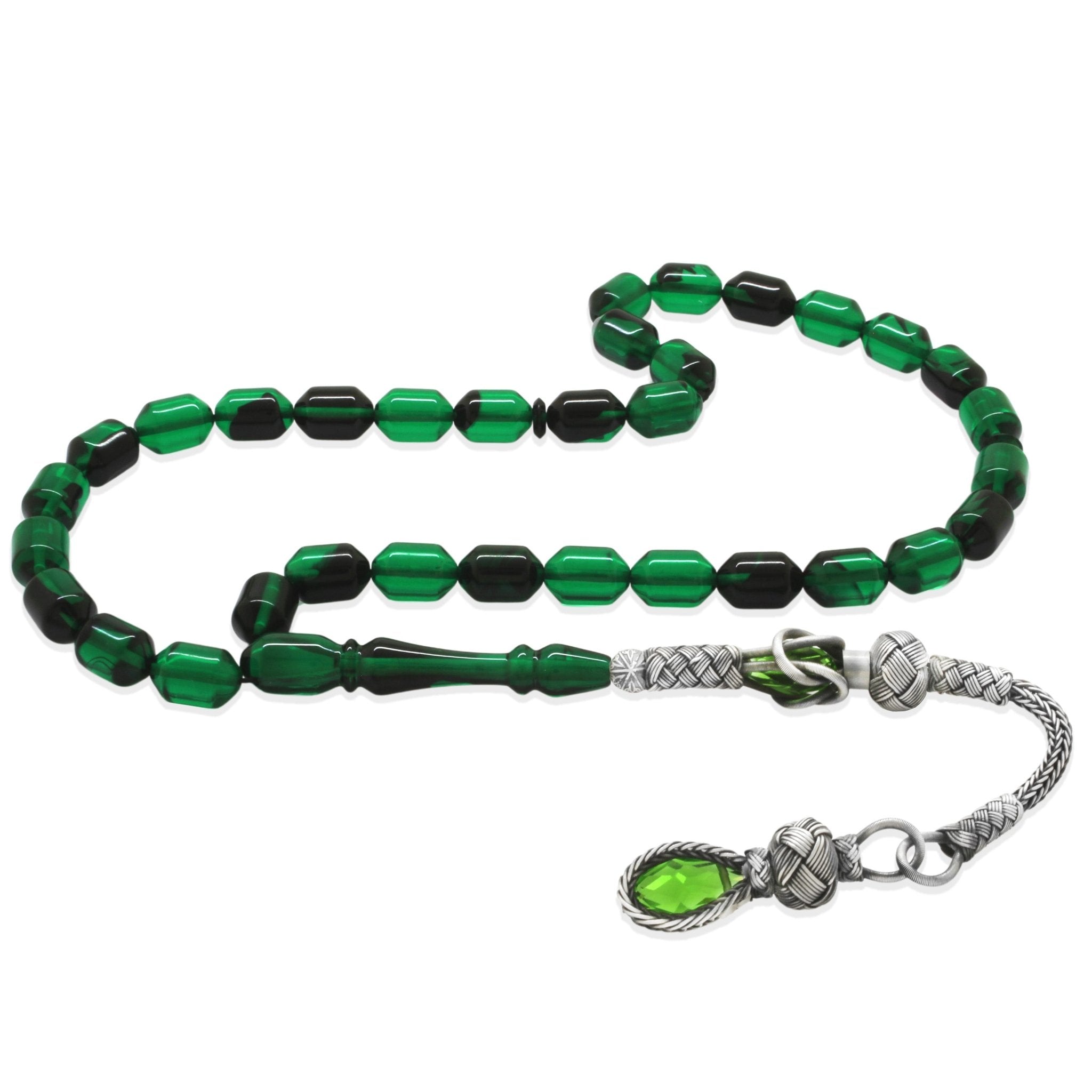 1000 Sterling Silver Kazaz Tasseled End Capsule Cut Green - Black Fire Amber Rosary - EFENDINA PAZAR - Tesbihane - 101004645