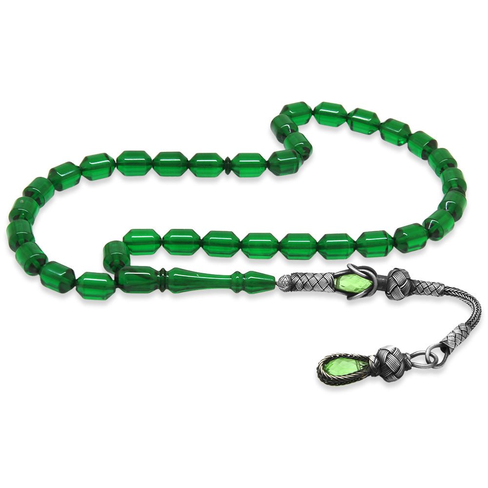 1000 Sterling Silver Kazaz Tasseled End Capsule Cut Green Fire Amber Rosary - EFENDINA PAZAR - Tesbihane - 101004896