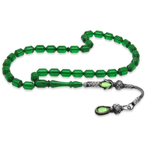 1000 Sterling Silver Kazaz Tasseled End Capsule Cut Green Fire Amber Rosary - EFENDINA PAZAR - Tesbihane - 101004896