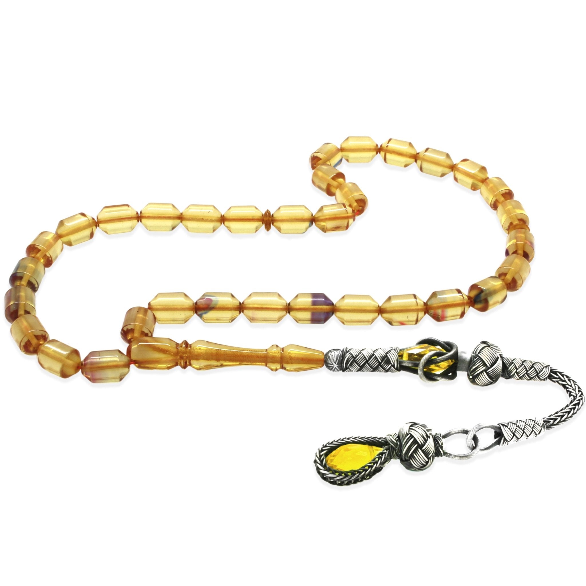 1000 Sterling Silver Kazaz Tasseled End Capsule Cut Transparent Bonibon Fire Amber Rosary - EFENDINA PAZAR - Tesbihane - 101004655