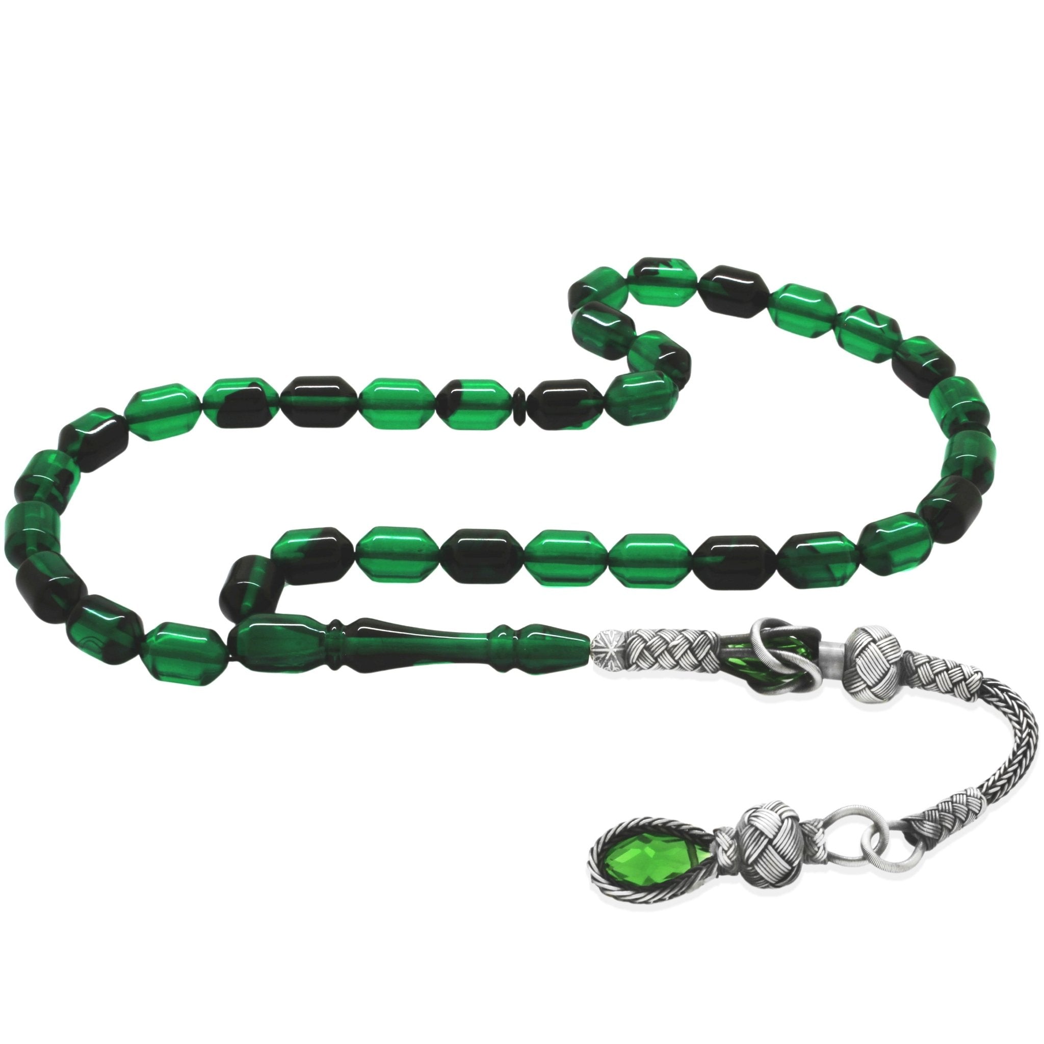 1000 Sterling Silver Kazaz Tasseled End Capsule Cut Transparent Green - Black Fire Amber Rosary - EFENDINA PAZAR - Tesbihane - 101004643