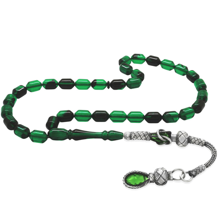 1000 Sterling Silver Kazaz Tasseled End Capsule Cut Transparent Green - Black Fire Amber Rosary - EFENDINA PAZAR - Tesbihane - 101004643