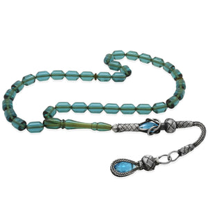 1000 Sterling Silver Kazaz Tasseled End Capsule Cut Transparent Turquoise Fire Amber Rosary - EFENDINA PAZAR - Tesbihane - 101004637