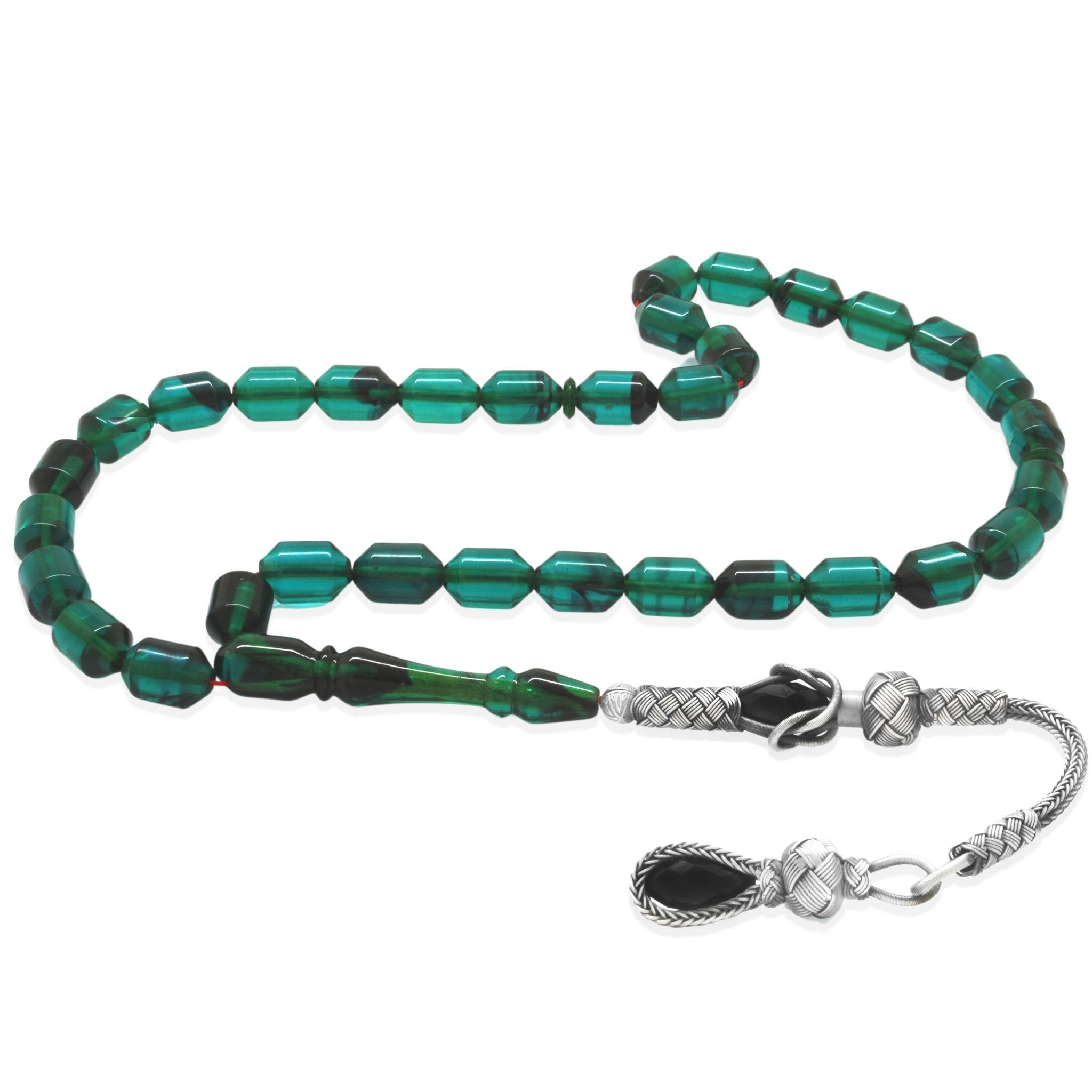 1000 Sterling Silver Kazaz Tasseled End Capsule Cut Turquoise - Black Fire Amber Rosary - EFENDINA PAZAR - Tesbihane - 101004639