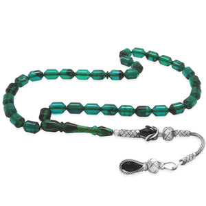 1000 Sterling Silver Kazaz Tasseled End Capsule Cut Turquoise - Black Fire Amber Rosary - EFENDINA PAZAR - Tesbihane - 101004639