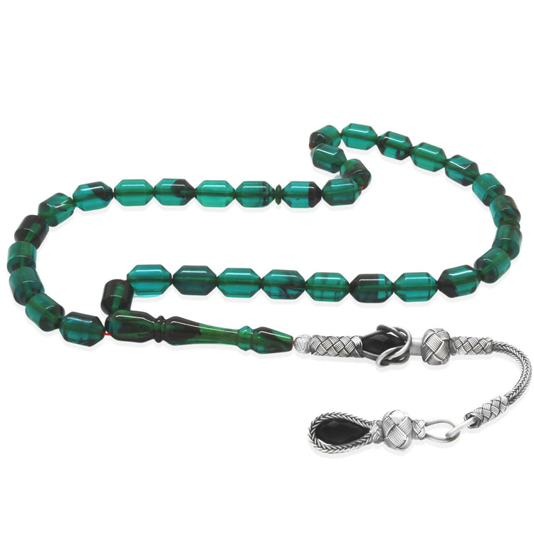1000 Sterling Silver Kazaz Tasseled End Capsule Cut Turquoise - Black Fire Amber Rosary - EFENDINA PAZAR - Tesbihane - 101004639