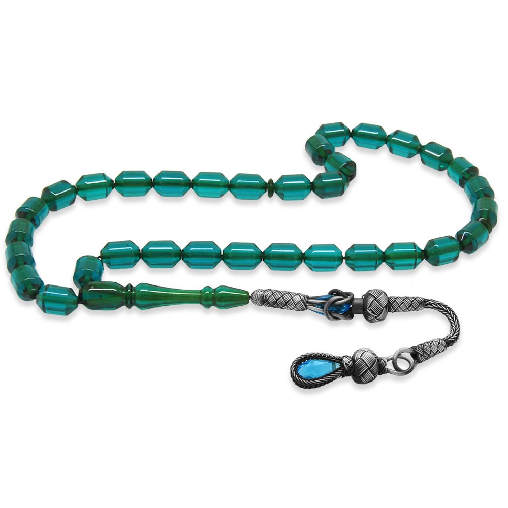 1000 Sterling Silver Kazaz Tasseled End Capsule Cut Turquoise Fire Amber Rosary - EFENDINA PAZAR - Tesbihane - 101004884