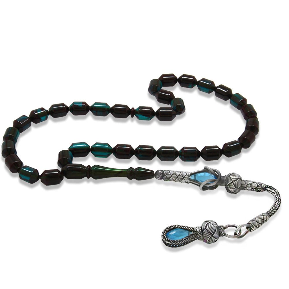 1000 Sterling Silver Kazaz Tasseled End Capsule Cut Water Blue - Black Fire Amber Rosary - EFENDINA PAZAR - Tesbihane - 101004875