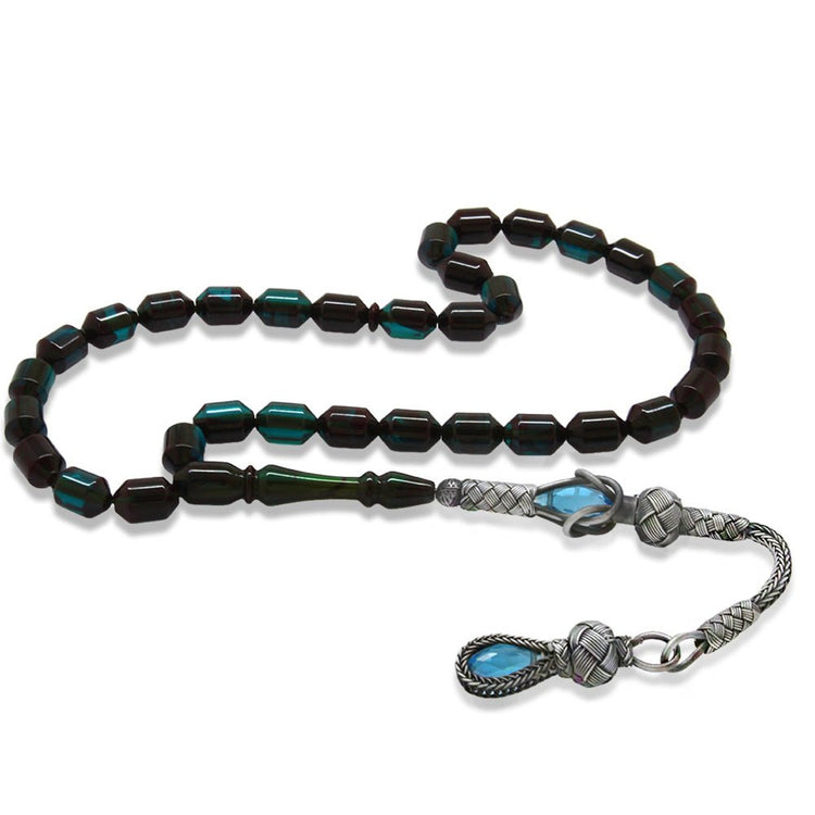 1000 Sterling Silver Kazaz Tasseled End Capsule Cut Water Blue - Black Fire Amber Rosary - EFENDINA PAZAR - Tesbihane - 101004875