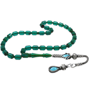 1000 Sterling Silver Kazaz Tasseled End Capsule Cut Water Blue Fire Amber Rosary - EFENDINA PAZAR - Tesbihane - 101004641