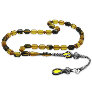 1000 Sterling Silver Kazaz Tasseled End Capsule Cut Yellow - Black Fire Amber Rosary - EFENDINA PAZAR - Tesbihane - 101004890