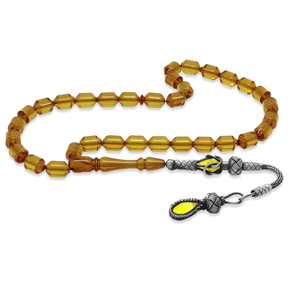 1000 Sterling Silver Kazaz Tasseled End Capsule Cut Yellow Fire Amber Rosary - EFENDINA PAZAR - Tesbihane - 101004893